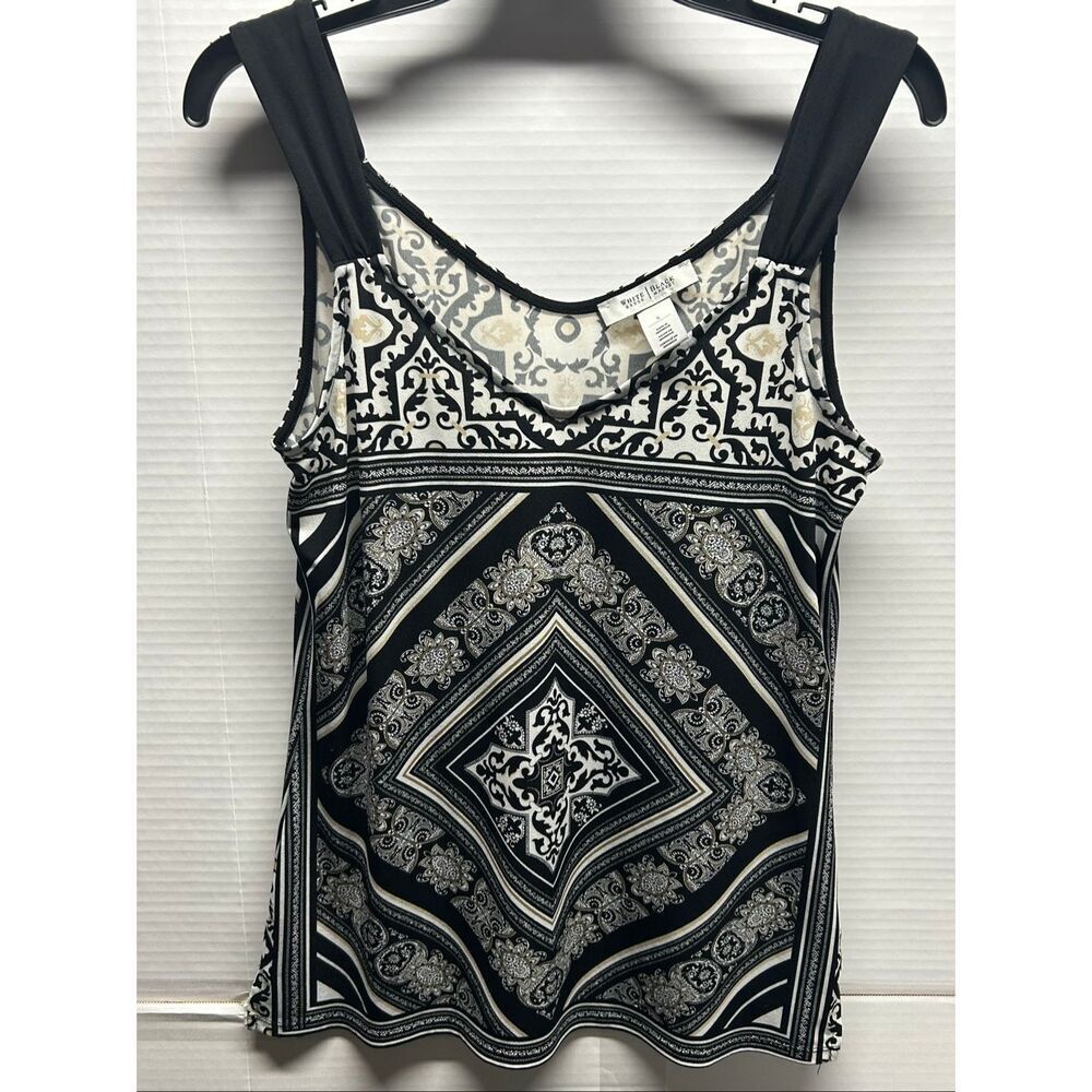 White House Black Market Scarf Print Tank Top Size S Black White V-Neck Shell